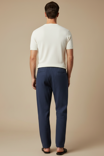 Pantalon Chinois Bleu Marine Lin Ample Homme Décontracté - vue 2