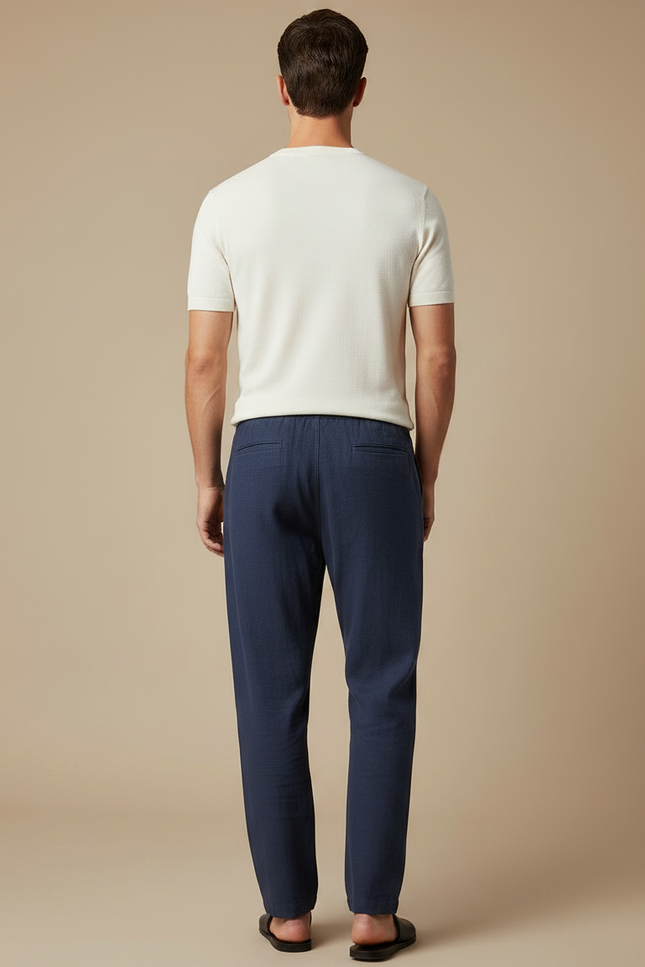 Pantalon Chinois Bleu Marine Lin Ample Homme Décontracté - vue 2