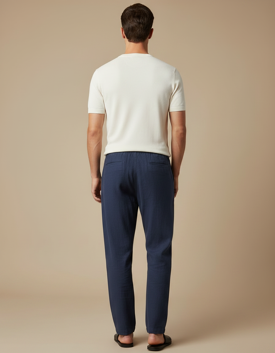 Pantalon Chinois Bleu Marine Lin Ample Homme Décontracté - vue 2