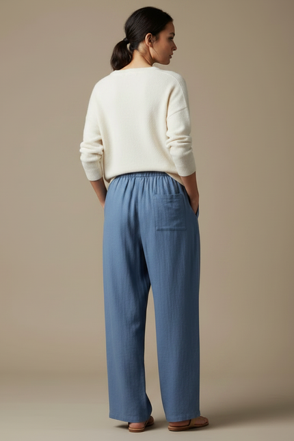 Pantalon Chinois Bleu Ample Lin Cordon Confortable - vue 2