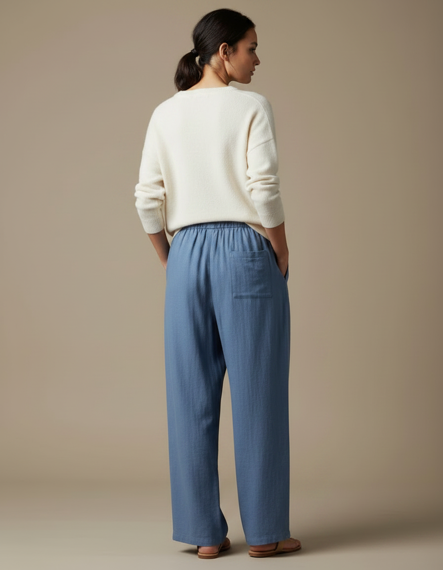 Pantalon Chinois Bleu Ample Lin Cordon Confortable - vue 2