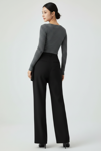 Pantalon Chinois Noir Jupe-culotte Élégant Droit Fluide Femme - Polyester - vue 2