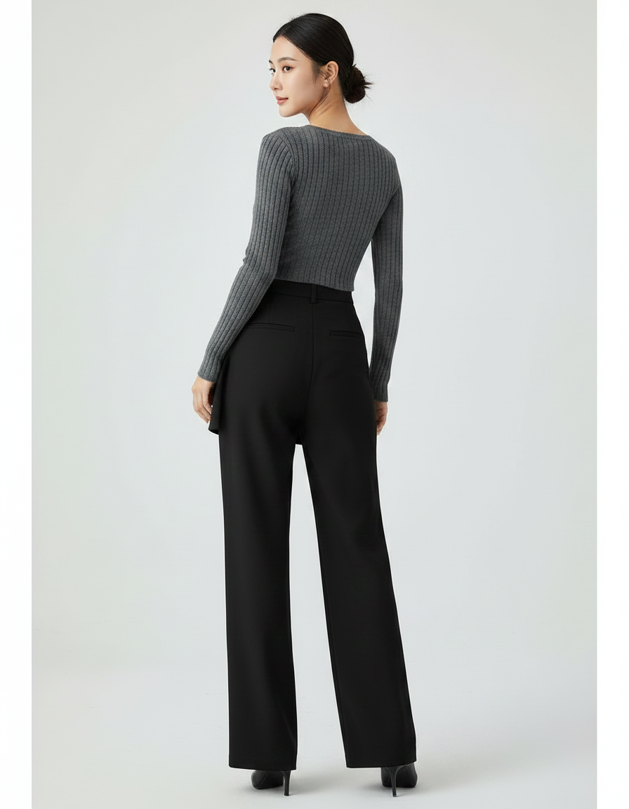Pantalon Chinois Noir Jupe-culotte Élégant Droit Fluide Femme - Polyester - vue 2