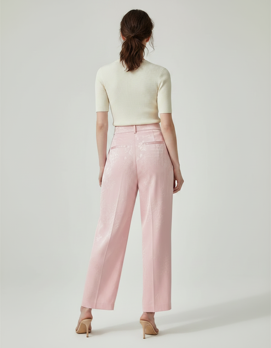 Pantalon Chinois Rose Satin Jacquard Ample Élégant - vue 2