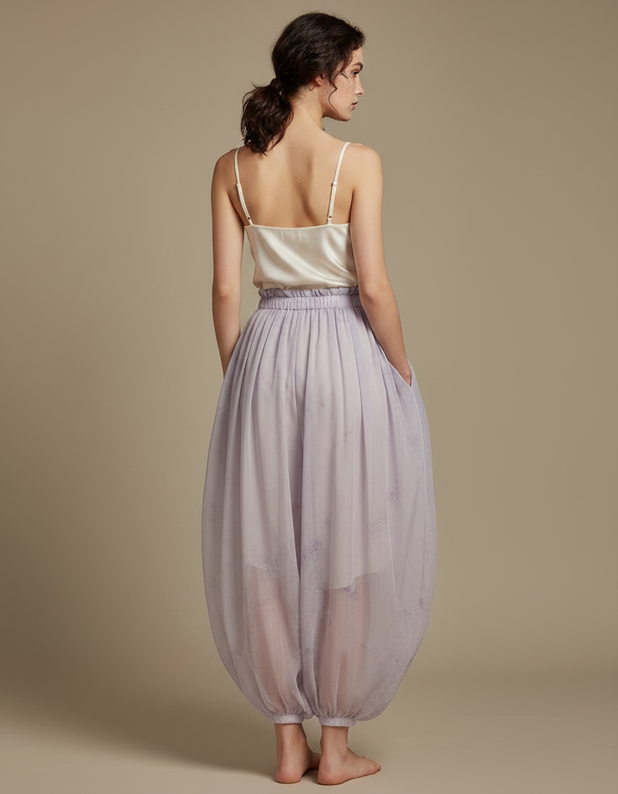 Pantalon Chinois Lavande Fluide Ample Transparent Imprimé Femme - Violet Polyester - vue 2