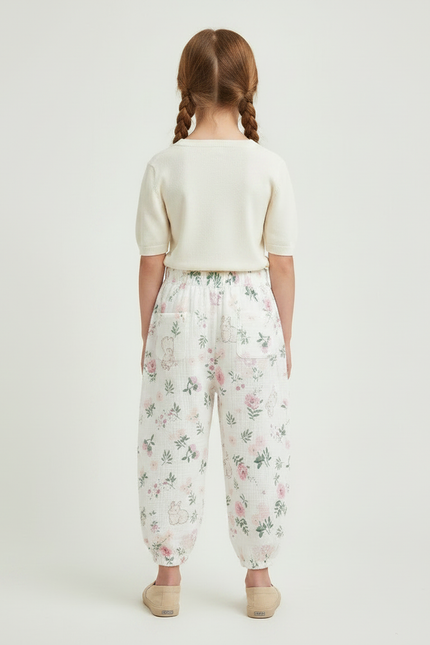 Pantalon Chinois Blanc Floral Ample Coton Enfant - vue 2