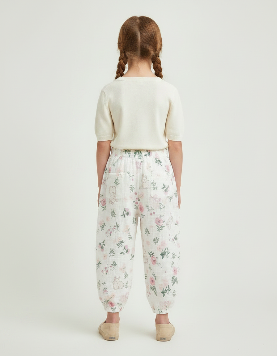 Pantalon Chinois Blanc Floral Ample Coton Enfant - vue 2