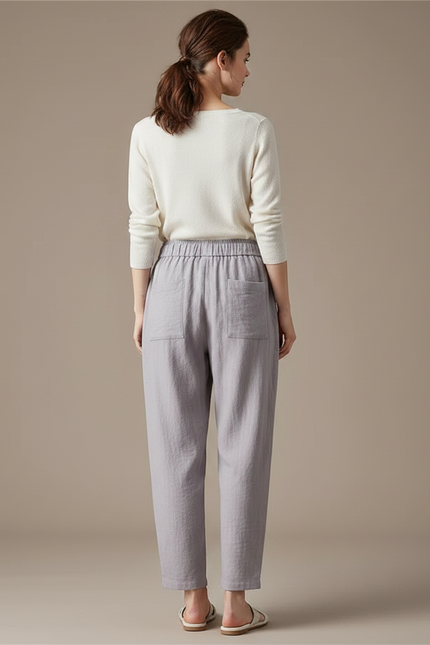 Pantalon Chinois Gris Ample Coton Lin Décontracté Uni - vue 2
