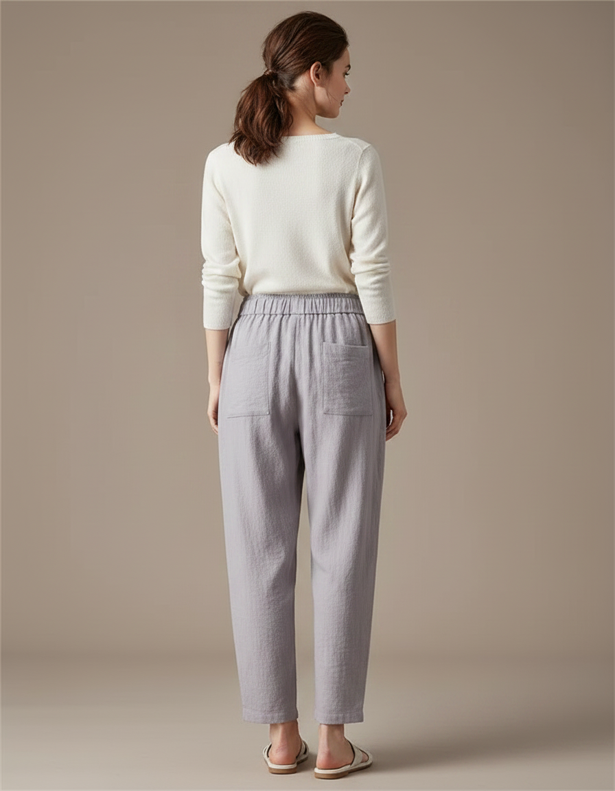 Pantalon Chinois Gris Ample Coton Lin Décontracté Uni - vue 2