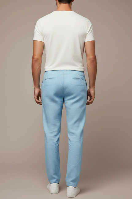 Pantalon Chinois Bleu Ciel Lin Décontracté Cordon Homme - vue 2