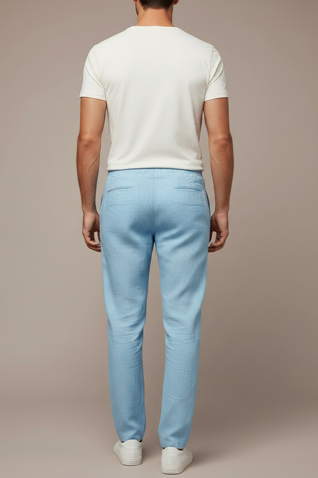 Pantalon Chinois Bleu Ciel Lin Décontracté Cordon Homme - vue 2