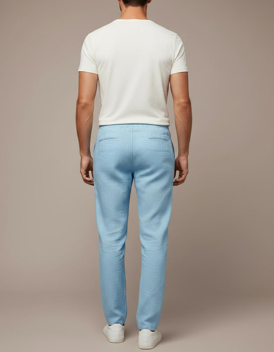 Pantalon Chinois Bleu Ciel Lin Décontracté Cordon Homme - vue 2