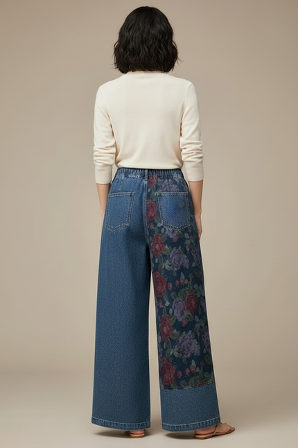 Pantalon Chinois Denim Floral Ample Vintage Élastique - Multicolore Jean - vue 2