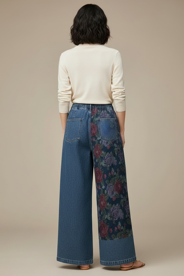 Pantalon Chinois Denim Floral Ample Vintage Élastique - Multicolore Jean - vue 2