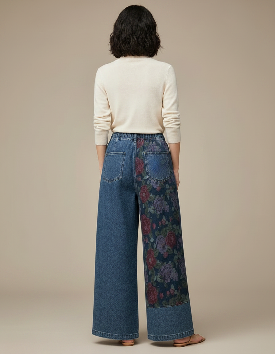 Pantalon Chinois Denim Floral Ample Vintage Élastique - Multicolore Jean - vue 2