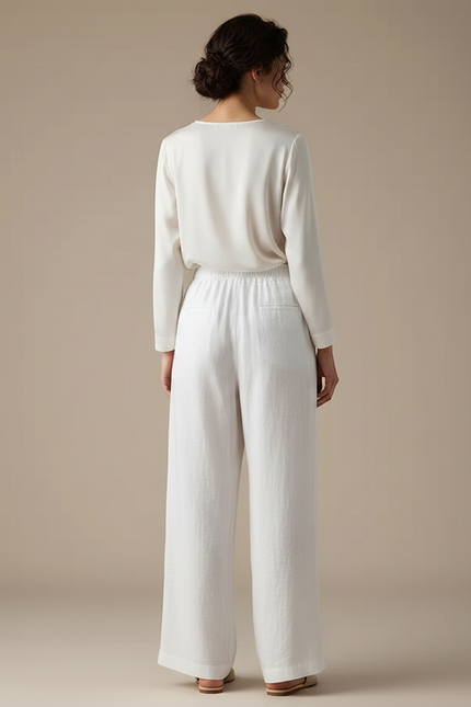 Pantalon Chinois Blanc Lin Ample Décontracté Fluide - vue 2
