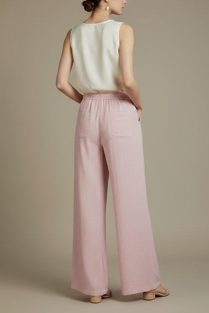 Pantalon Chinois Rose Lin Ample Fluide Cordon - vue 2
