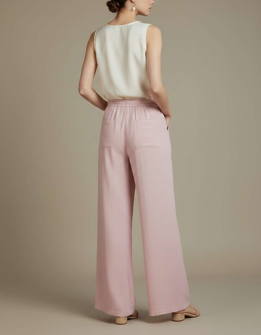 Pantalon Chinois Rose Lin Ample Fluide Cordon - vue 2