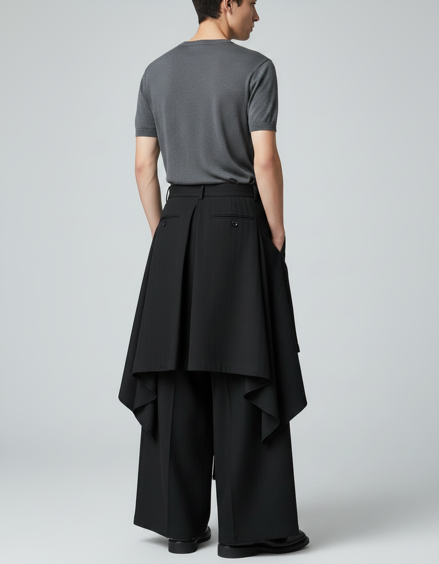 Pantalon Chinois Noir Ample Plissé Gothique Tassels - Gabardine - vue 2