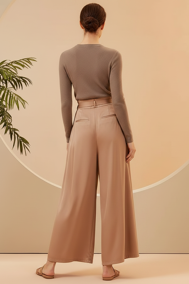 Pantalon Chinois Satiné Fluide Ample Ceinturé Marron Femme - Camel - vue 2