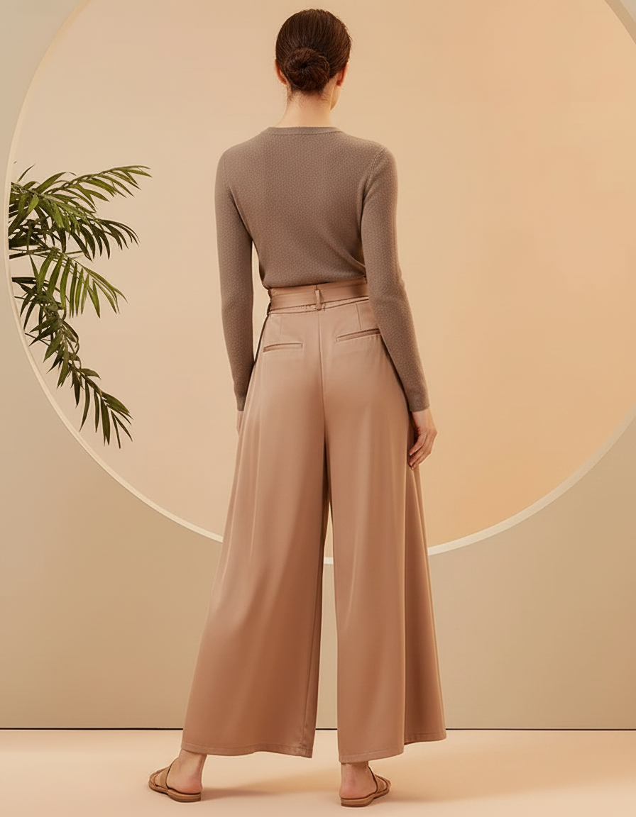Pantalon Chinois Satiné Fluide Ample Ceinturé Marron Femme - Camel - vue 2