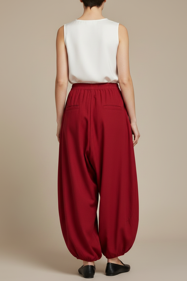 Pantalon Chinois Rouge Brodé Carpe Fluide Ample - Laine - vue 2