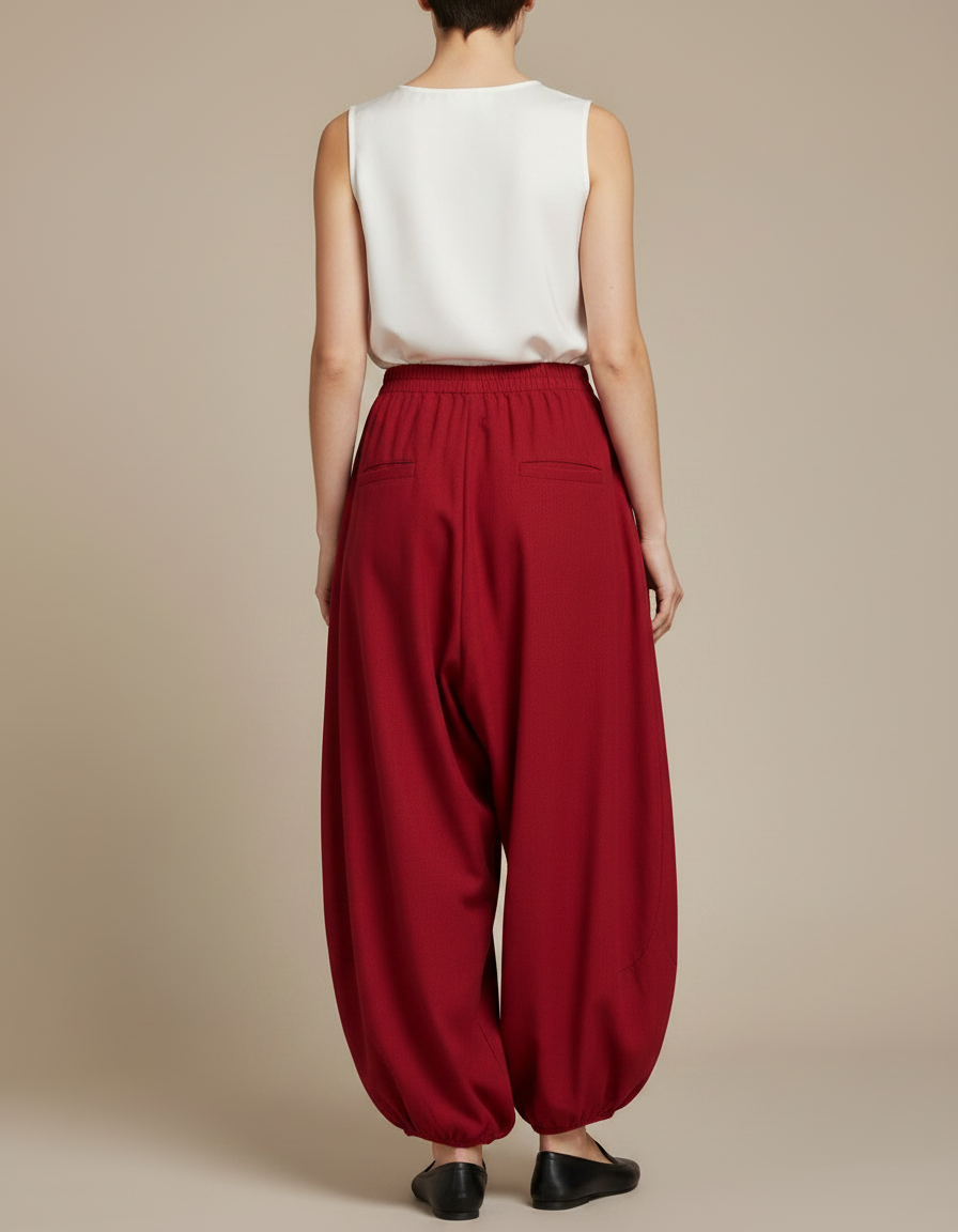 Pantalon Chinois Rouge Brodé Carpe Fluide Ample - Laine - vue 2