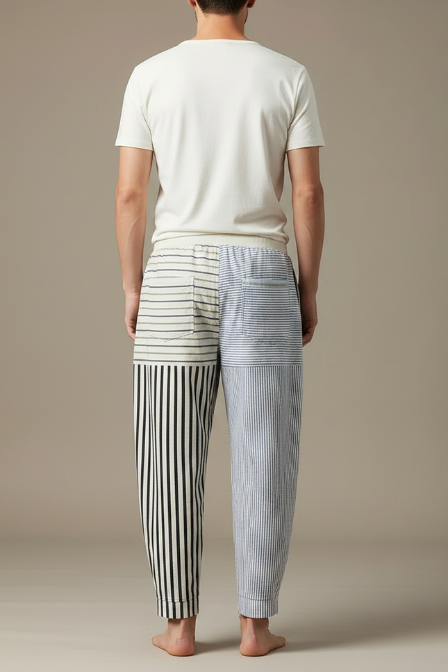 Pantalon Chinois Rayé Ample Décontracté Coton Lin - Multicolore - vue 2