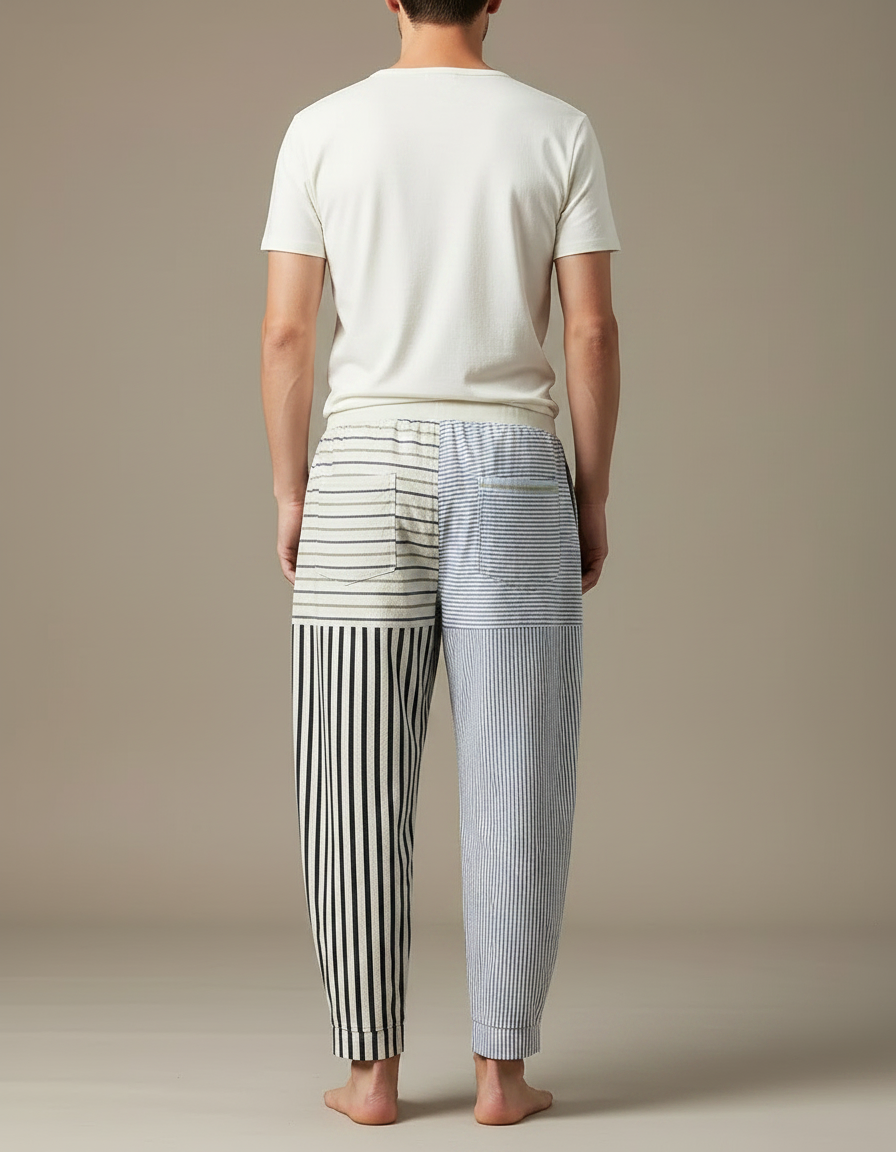 Pantalon Chinois Rayé Ample Décontracté Coton Lin - Multicolore - vue 2