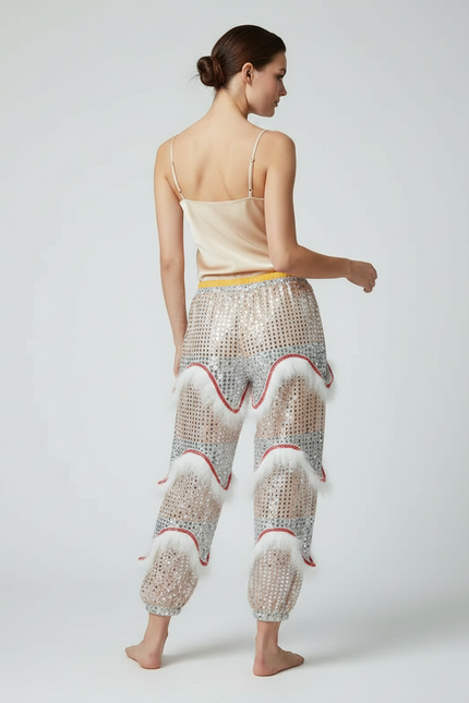 Pantalon Chinois Pailleté Blanc Fourrure Rouge Fantaisie - Polyester - vue 2