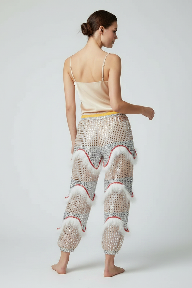 Pantalon Chinois Pailleté Blanc Fourrure Rouge Fantaisie - Polyester - vue 2