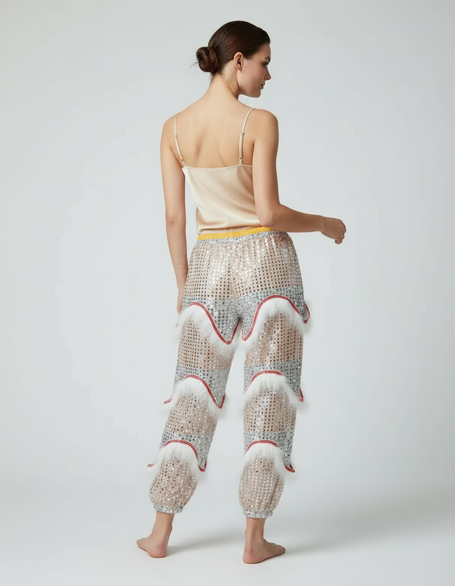 Pantalon Chinois Pailleté Blanc Fourrure Rouge Fantaisie - Polyester - vue 2