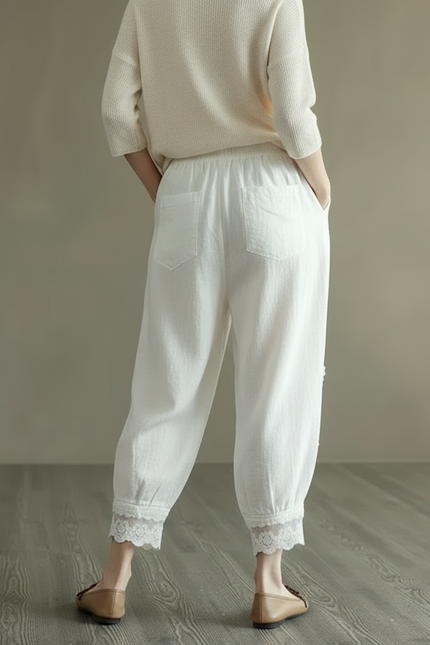 Pantalon Chinois Blanc Ample Brodé Coton Lin - vue 2