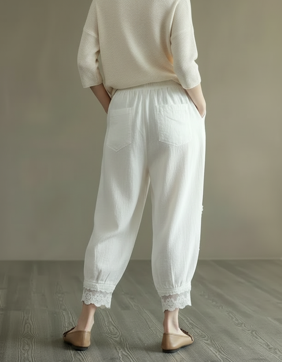 Pantalon Chinois Blanc Ample Brodé Coton Lin - vue 2