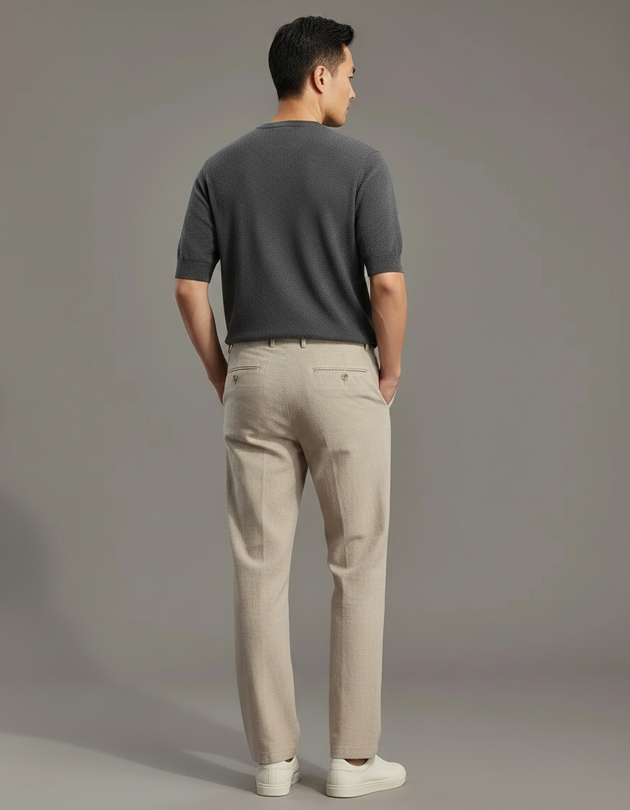 Pantalon Chinois Beige Droit Coton Lin Décontracté Homme - vue 2