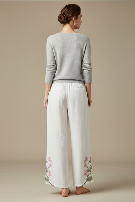 Pantalon Chinois Blanc Brodé Floral Ample Fluide Femme - Lin - vue 2