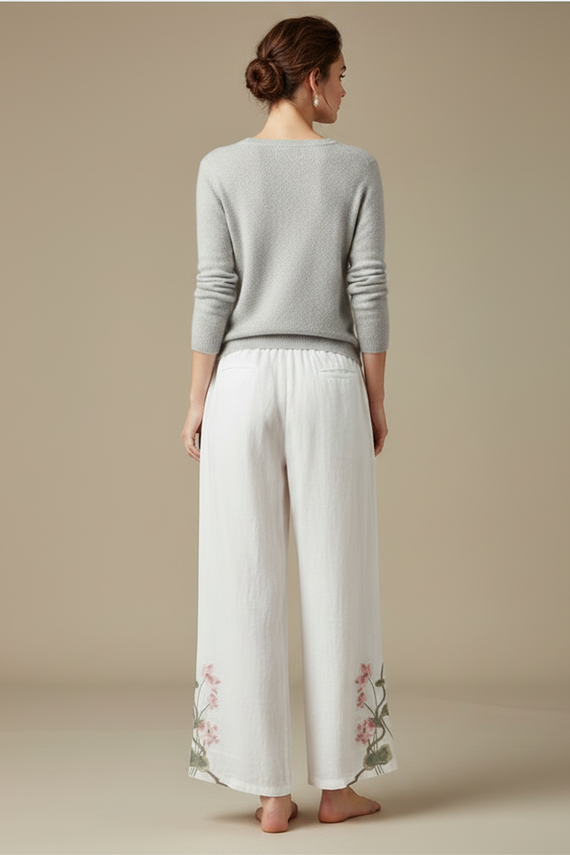 Pantalon Chinois Blanc Brodé Floral Ample Fluide Femme - Lin - vue 2