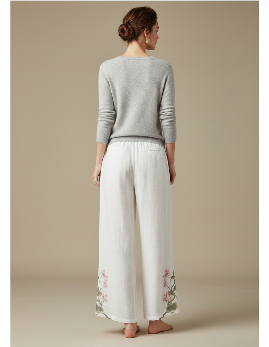 Pantalon Chinois Blanc Brodé Floral Ample Fluide Femme - Lin - vue 2