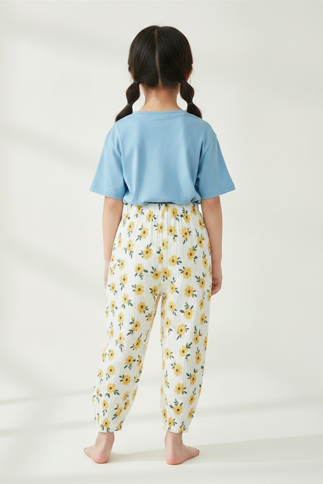 Pantalon Chinois Blanc Mousseline Fleuri Enfant Décontracté - Imprimé Coton - vue 2