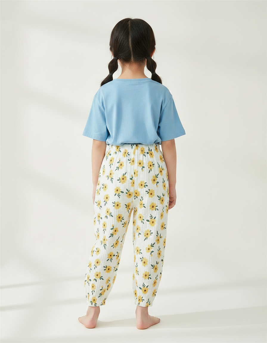 Pantalon Chinois Blanc Mousseline Fleuri Enfant Décontracté - Imprimé Coton - vue 2