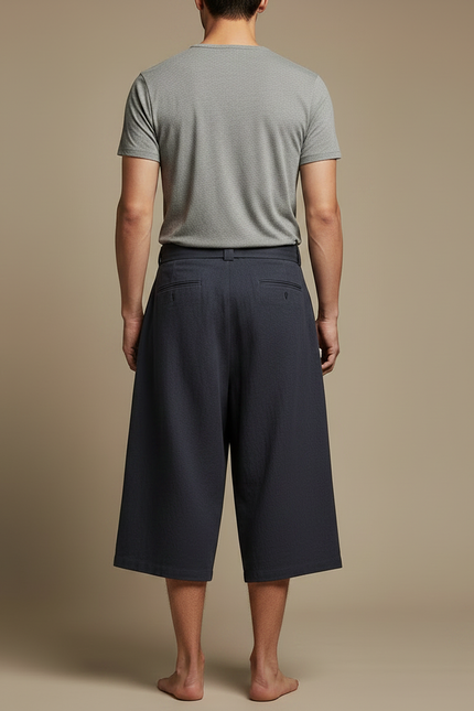 Pantalon Chinois Ample Ceinturé Lin Coton Décontracté - Marine - vue 2