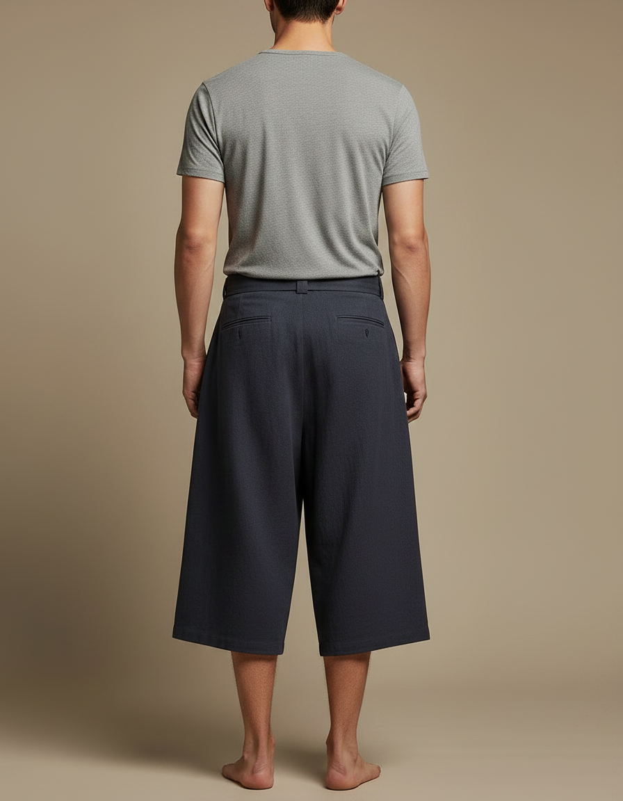Pantalon Chinois Ample Ceinturé Lin Coton Décontracté - Marine - vue 2