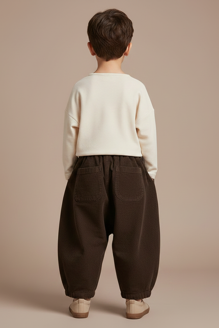 Pantalon Chinois Marron Côtelé Ample Rétro Enfant - Cordé - vue 2