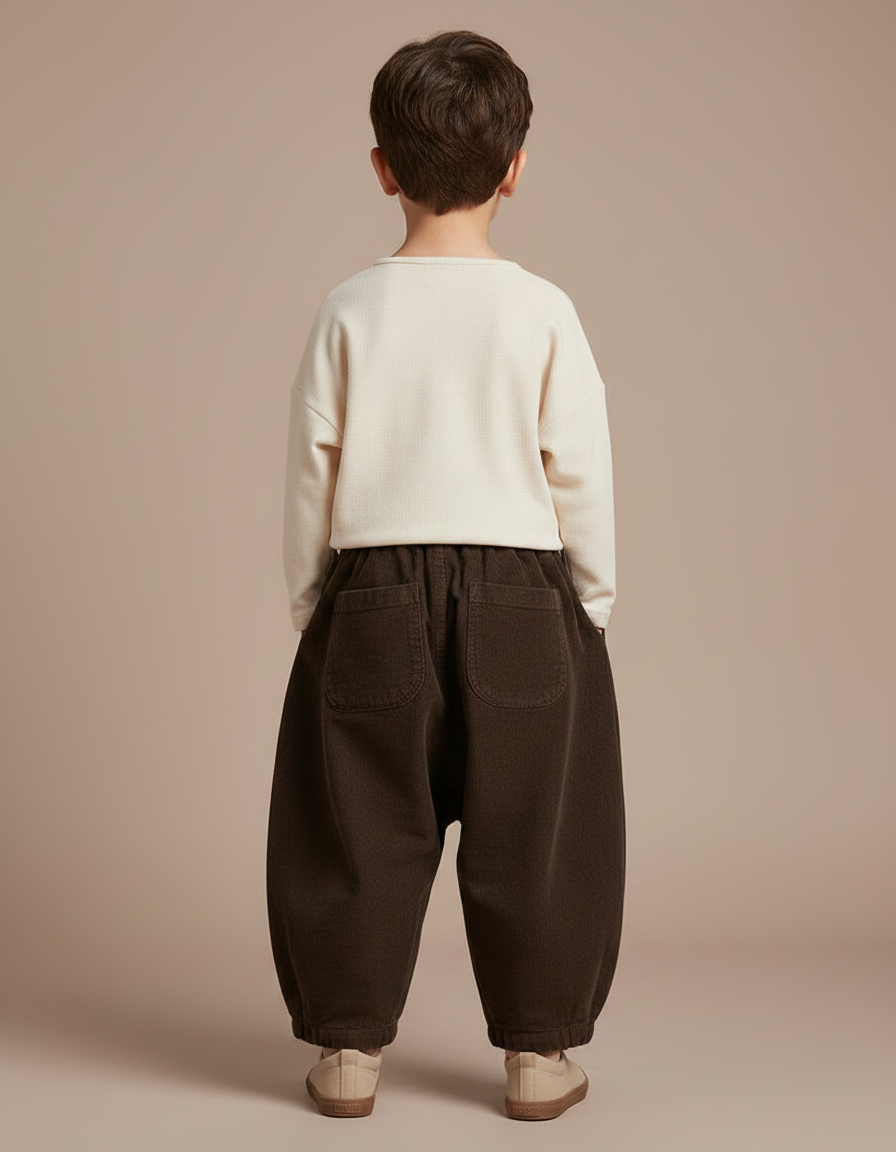 Pantalon Chinois Marron Côtelé Ample Rétro Enfant - Cordé - vue 2