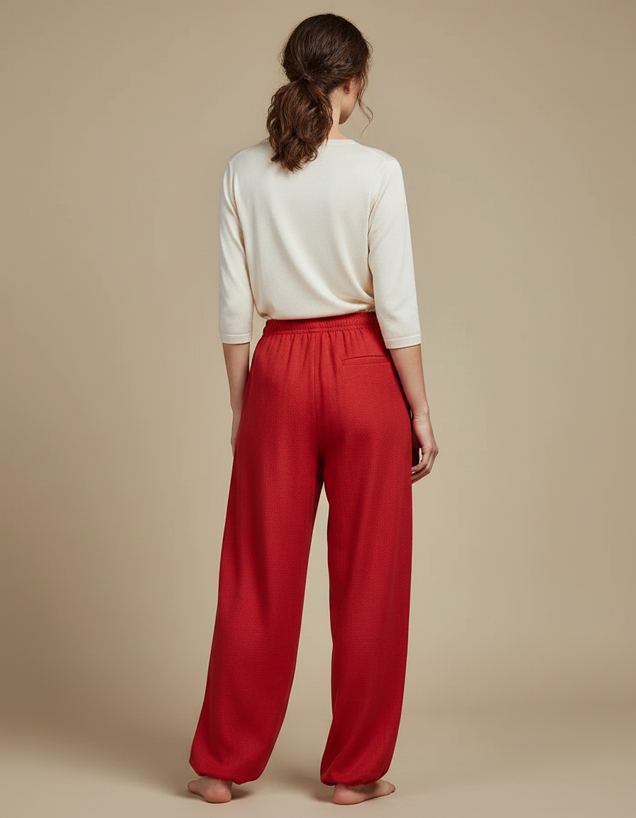 Pantalon Chinois Rouge Ample Lin Cordon Décontracté - vue 2