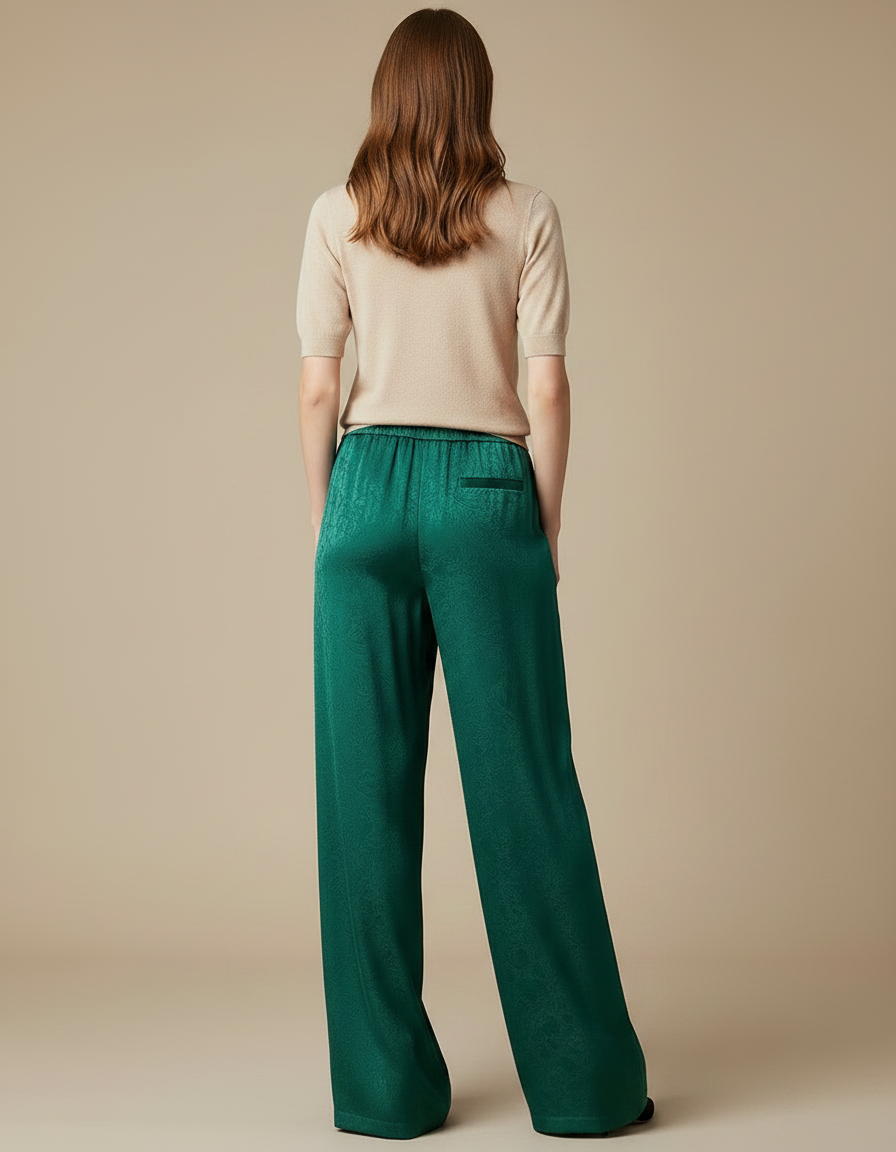 Pantalon Chinois Vert Satin Fluide Ample Imprimé - vue 2