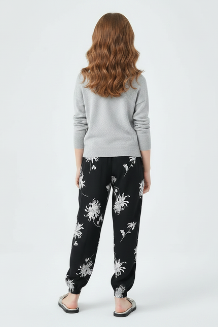 Pantalon Chinois Noir Imprimé Fleuri Ample Fluide Fille - Viscose - vue 2