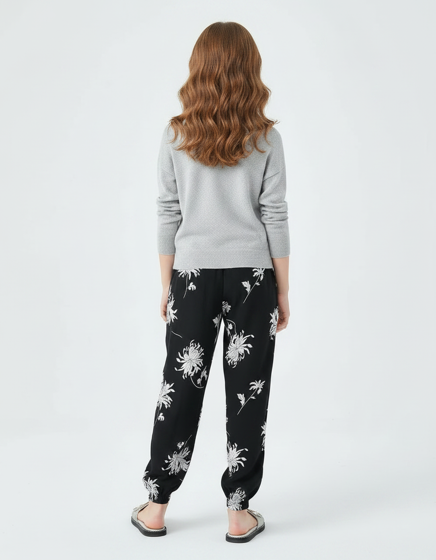 Pantalon Chinois Noir Imprimé Fleuri Ample Fluide Fille - Viscose - vue 2