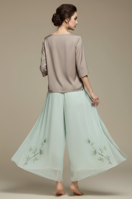 Pantalon Chinois Fluide Menthe Imprimé Floral Élégant - Vert Soie - vue 2