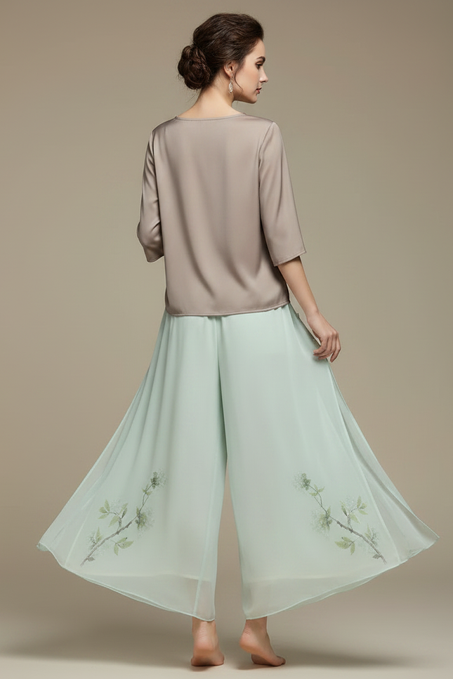 Pantalon Chinois Fluide Menthe Imprimé Floral Élégant - Vert Soie - vue 2